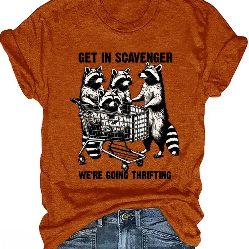 Get in Scavenger We’re Going Thrifting Orange Graphic Tee with Raccoon Design L